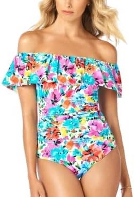 Swim Solutions Plus Size Tummy Control Off-the-Shoulder Ruffled Swimsuit