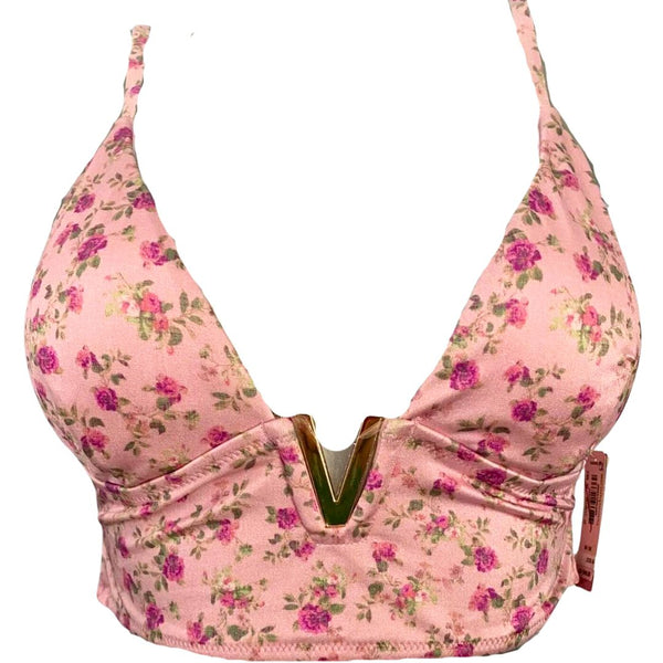 Victorias Secret Floral Gold V Long Line Swim Bikini Top, L