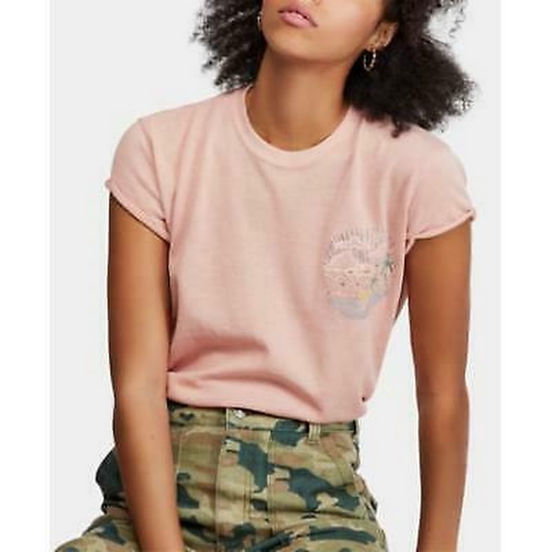 Free People Women's Pink Printed Short Sleeve Crew Neck T-Shirt Top-Size Small