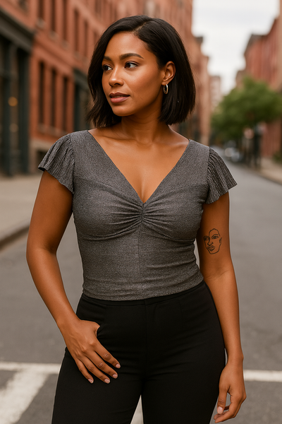 Express Metallic Pleated Flutter Sleeve Cropped Top, Size Large