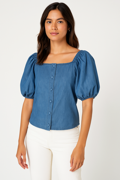 Lucy Paris Womens Denim Off-the-Shoulder Button-Down Top, Blue, Size Small