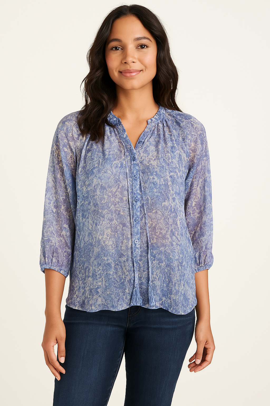 Cupio Womens 3/4 Sleeve Tie Neck Peasant Blouse