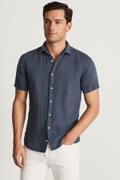 Reiss Holiday Short Sleeve Linen Button-up Shirt in Steel Blue