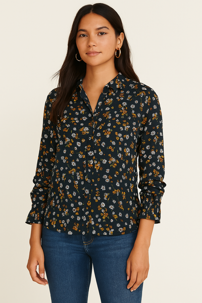 C Est 1946 Womens L Black Floral Long Sleeve Hi Low Button-Up Top Shirt Blouse