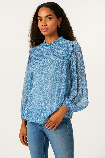 Aqua Smocked Floral Print Top, Size Small