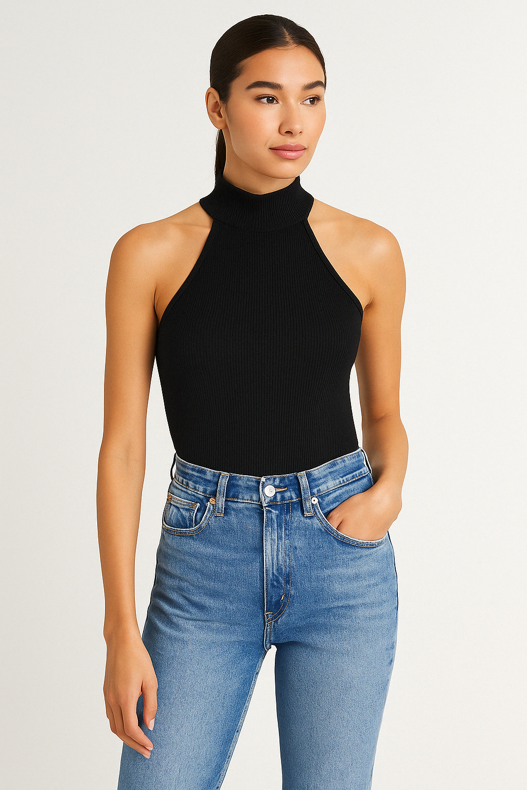 Aqua Mock Neck Sleeveless Bodysuit
