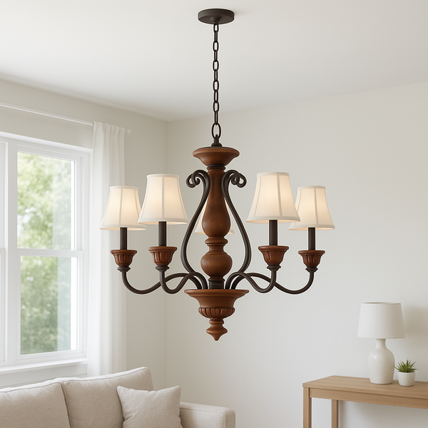 World Imports Elysia 5-Light Elegant White Fabric Shade Antiqued Gold Chandelier