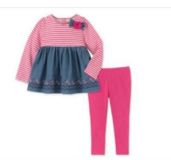 Kids Headquarters Girls 2-Pc. Striped Floral-Print Top & Leggings Set — 6/Floral Chambray