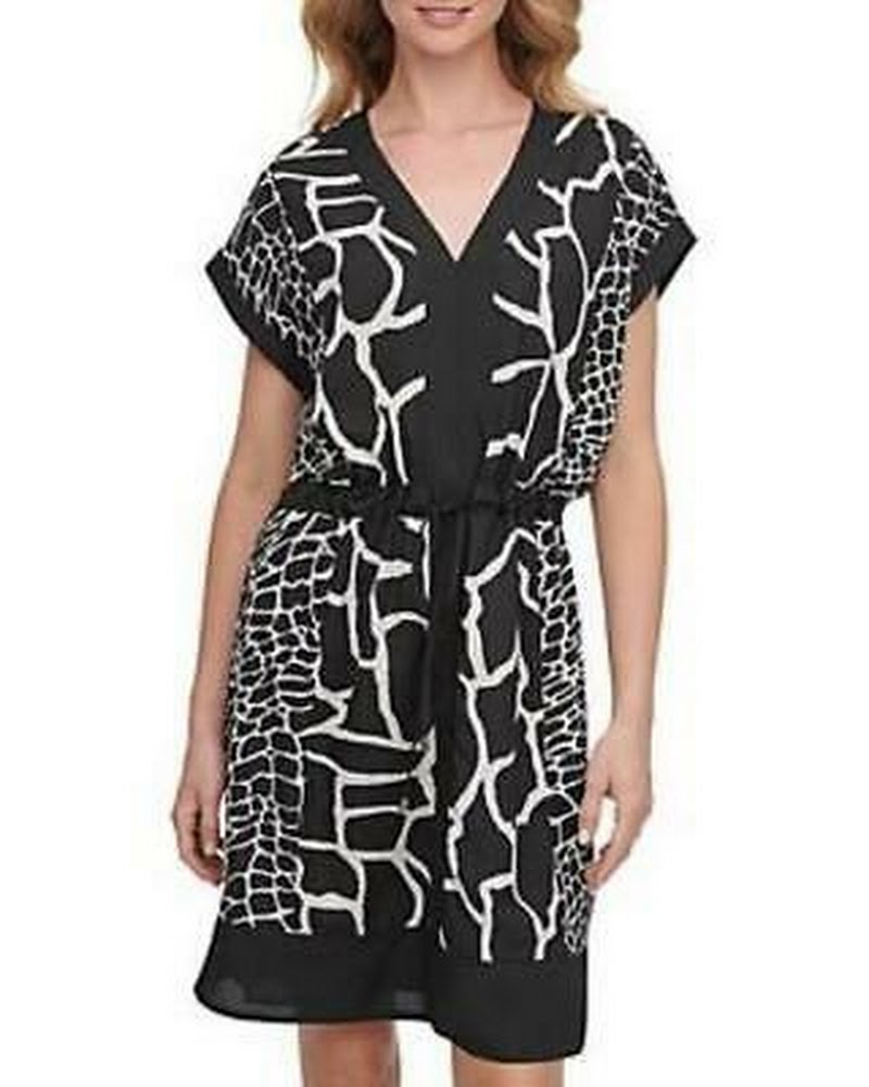 Dkny Printed V-Neck Dress, Size Large