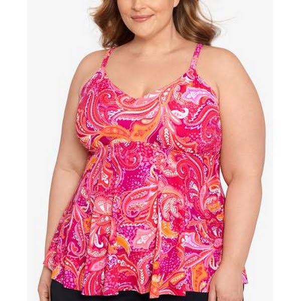 Swim Solutions PAISLEY PATCH Plus Size Printed V-Neck Tankini Swim Top, Size 16W