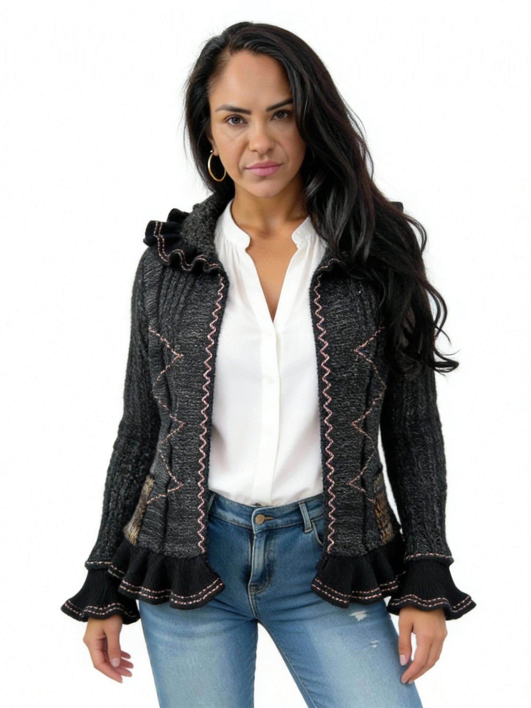 Forla Paris Mohair Wool Blend Ruffled Knit Cardigan Womens Medium