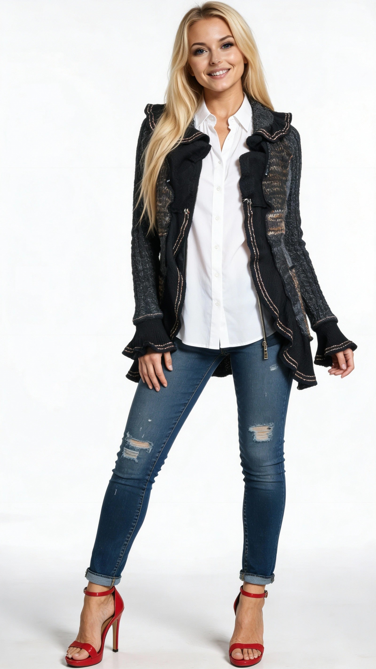 Forla Paris Mohair Wool Blend Ruffled Knit Cardigan Womens Medium