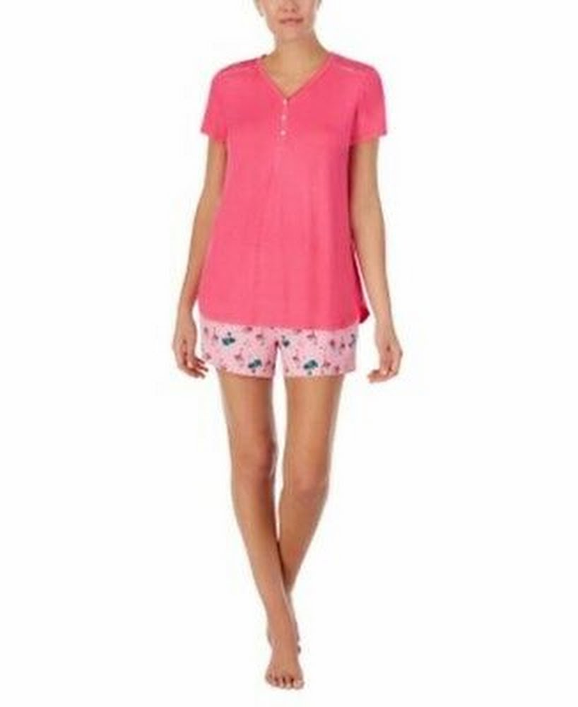 Cuddl Duds T-Shirt Top and Flamingo Print Shorts 2-Piece Pajama Set, Small