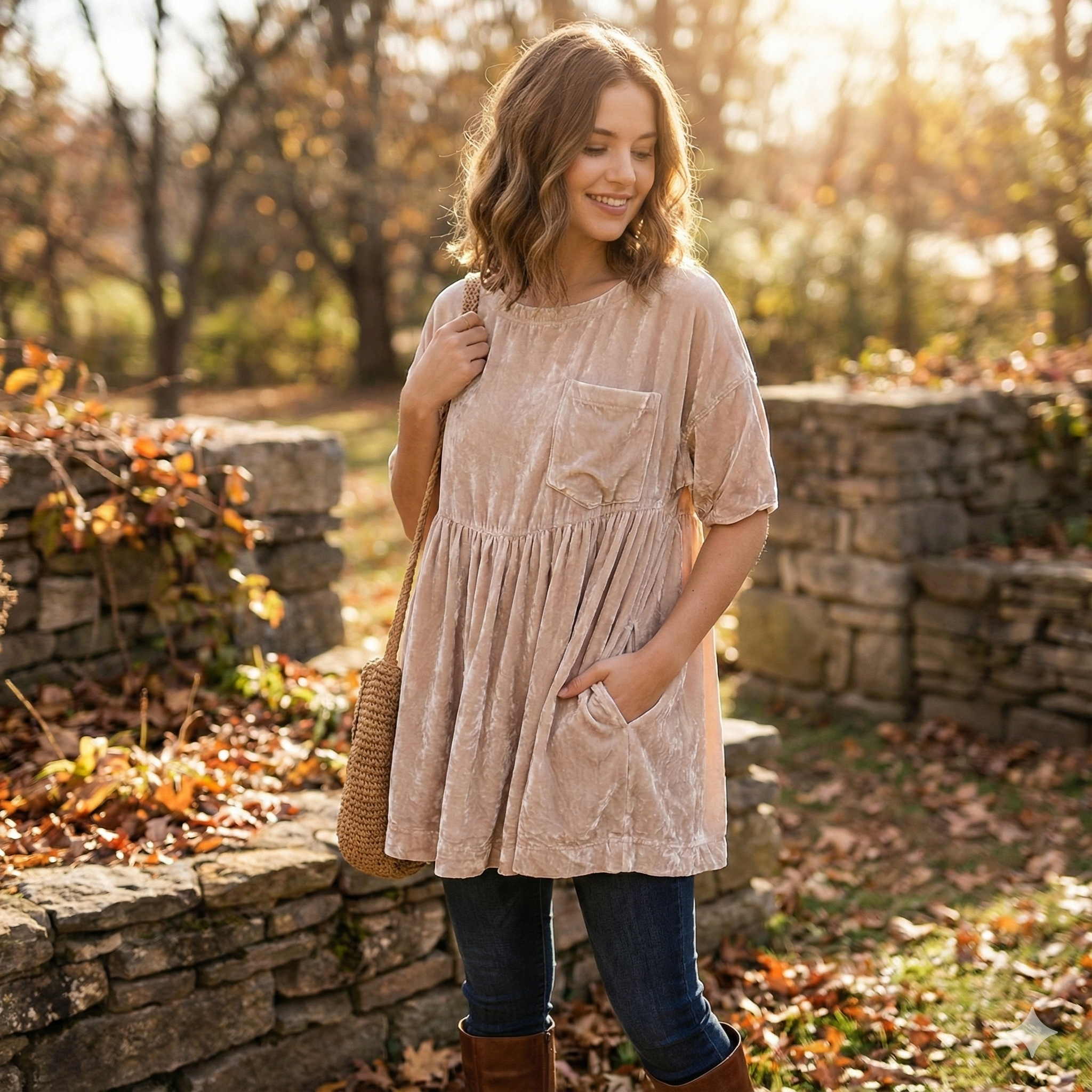 We The Free Moon City Velvet Babydoll Top, Small