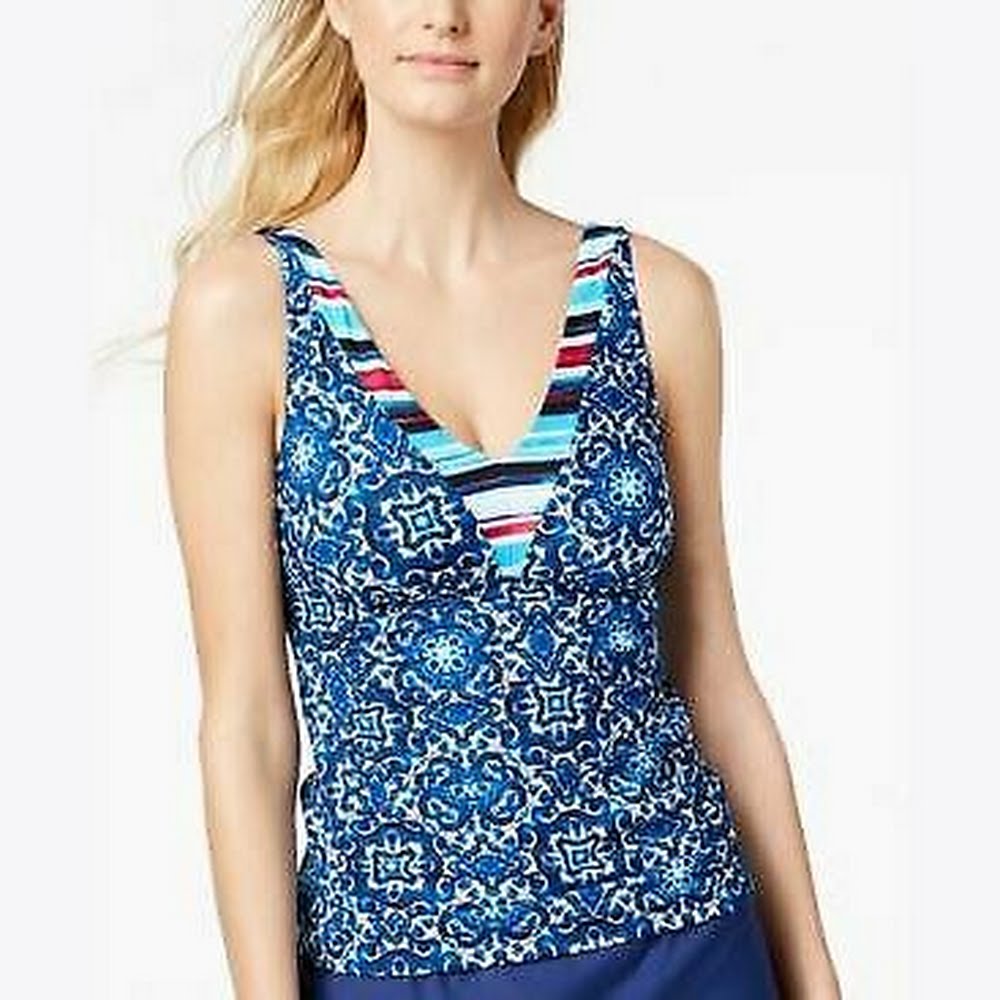 24Th Ocean Blue Multi Colorblocked Neck Viva La Frida Printed Tankini Top, Large