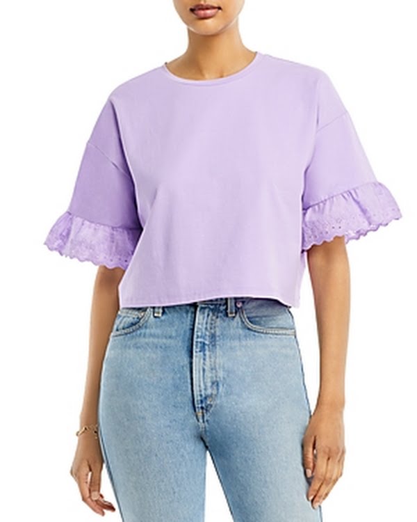 Aqua Eyelet Trim Crop Tee