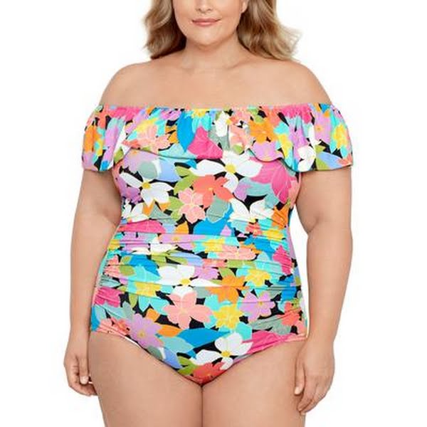 Swim Solutions Plus Size Tummy Control Off-the-Shoulder Ruffled Swimsuit