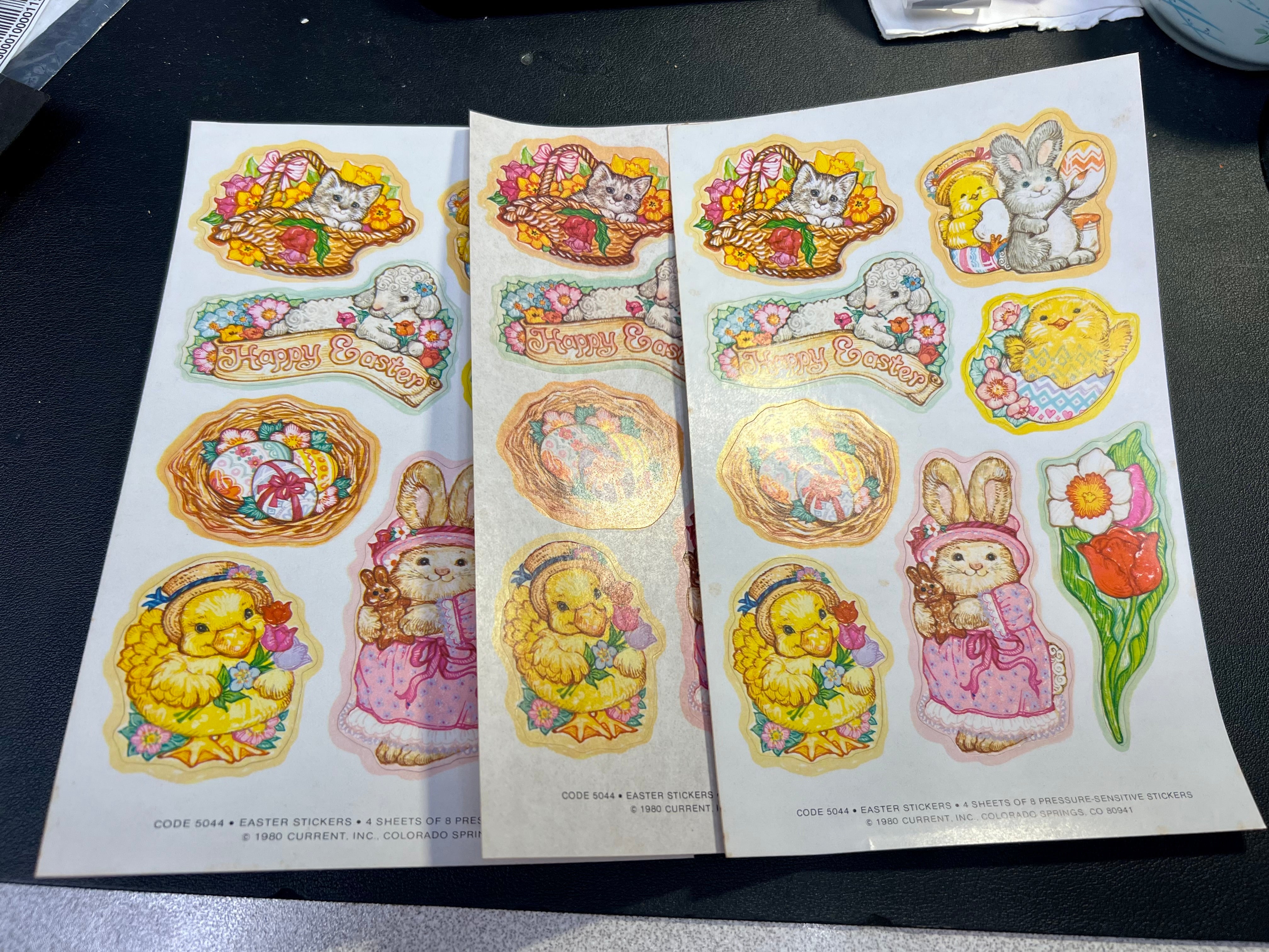 Rare 1980 Vintage Current Easter Bunny, Chick and Kitten stickers 3 sheets