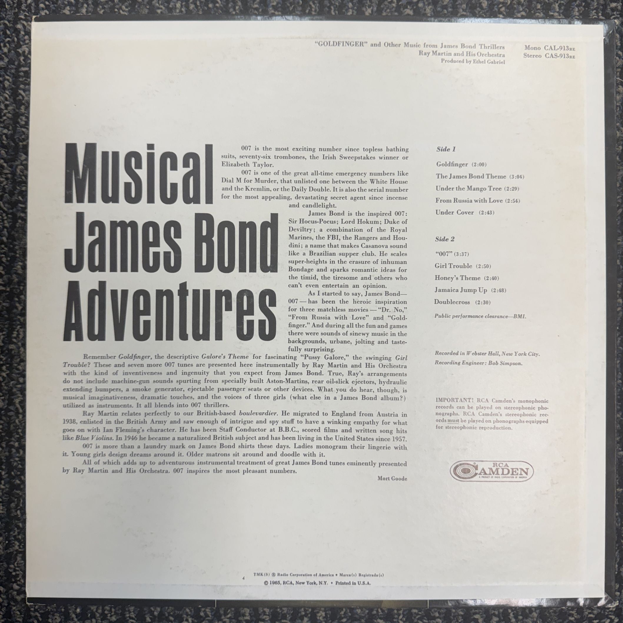 Goldfinger and Other Music from James Bond Vinyl Record, Ray Martin Orchestra