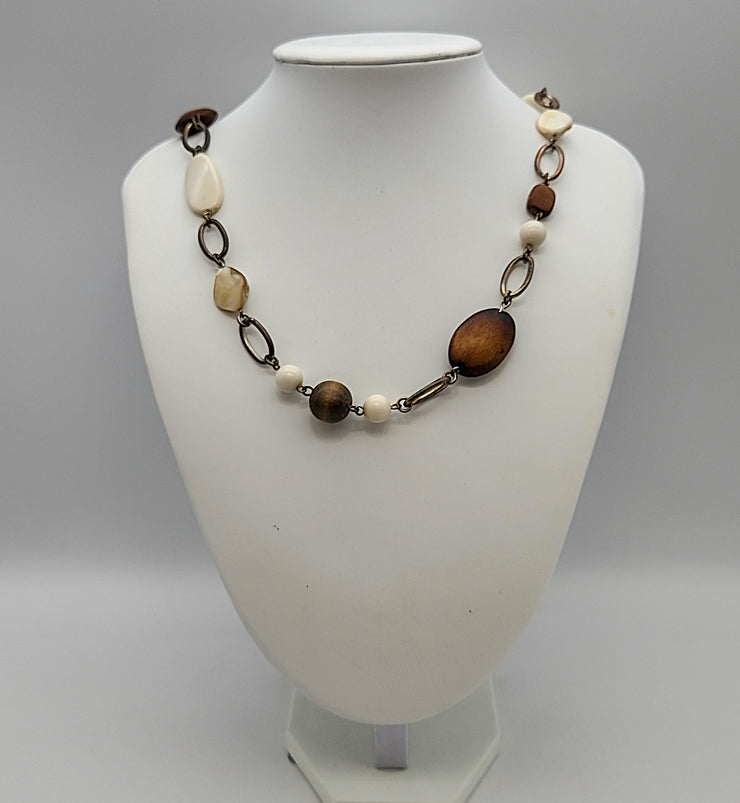 Vintage white stone wood gold tone beaded southwest boho long necklace