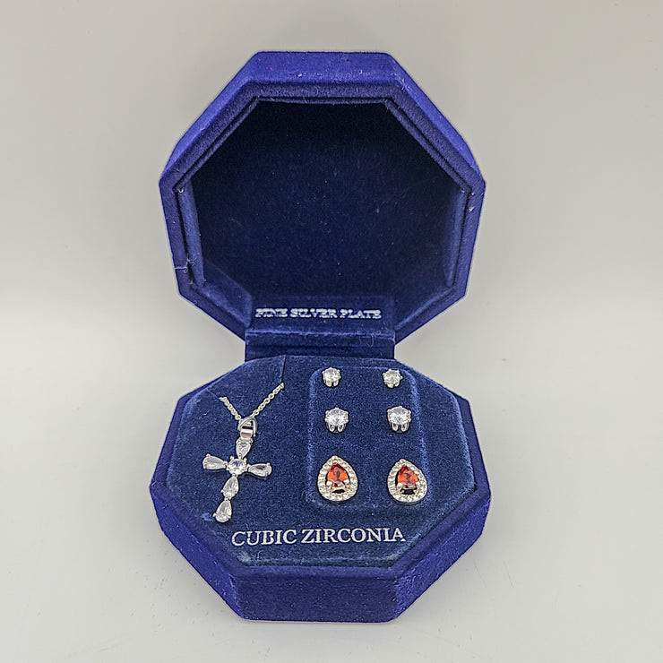 Cubic Zirconia Cross Pendant Necklace and 3-PC. Stud Earrings Set