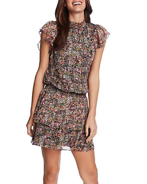 1. STATE Womens Black Floral Cap Sleeve Mock Mini Drop Waist Dress