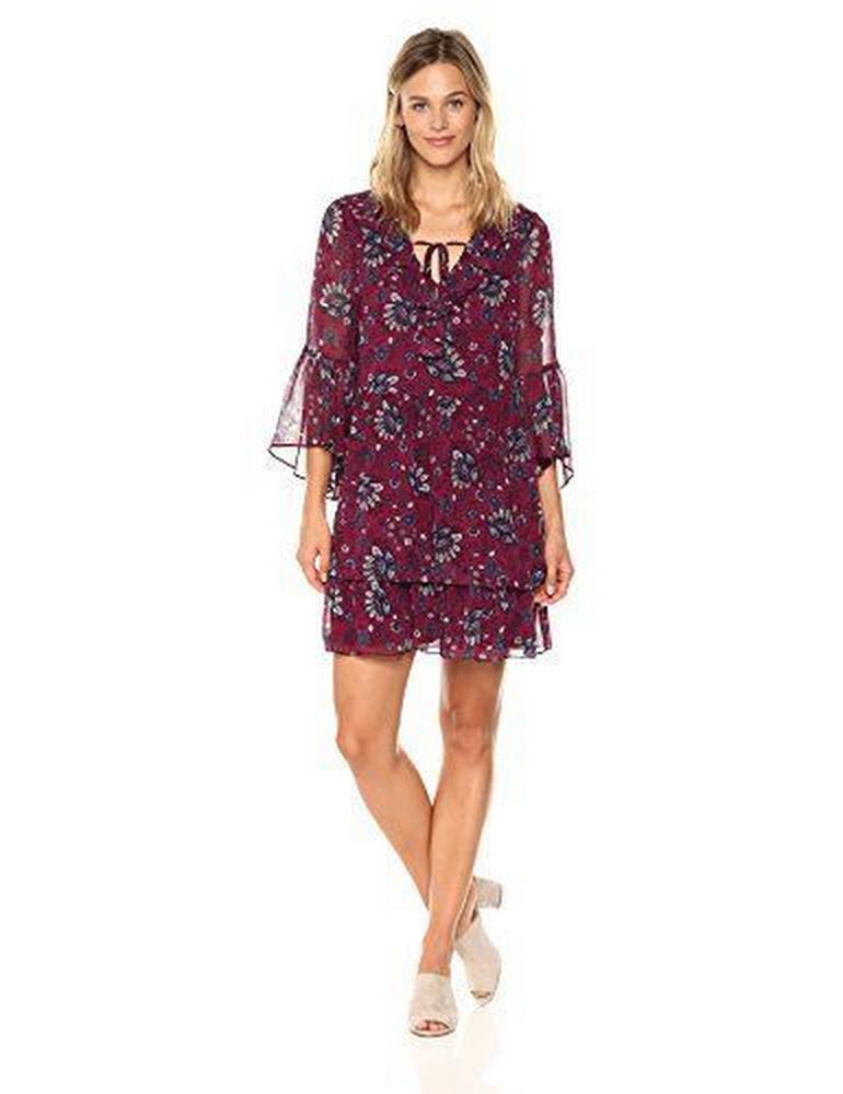 kensie Women's Folk Floral Print Bell Sleeve Dress, Size Small