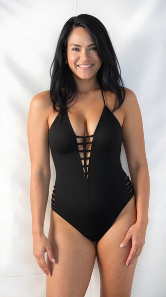 Bar lll Womens Halter Strappy Plunging One Piece Swimsuit