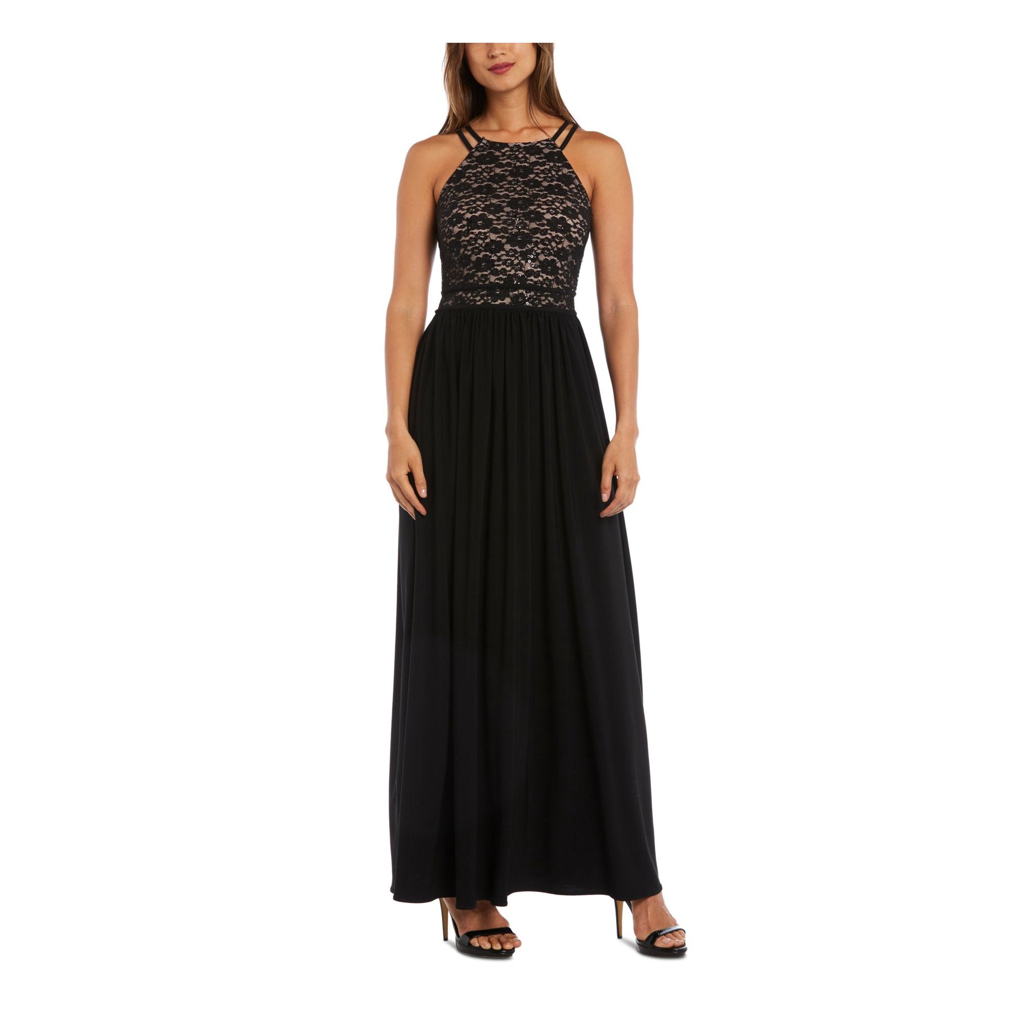 Nightway Lace Solid Sleeveless Halter Full-Length Evening Dress, Size 10