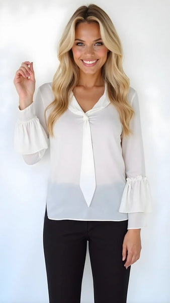 Tahari ASL Tie-Neck Ruffle-Sleeve Blouse, Size XL