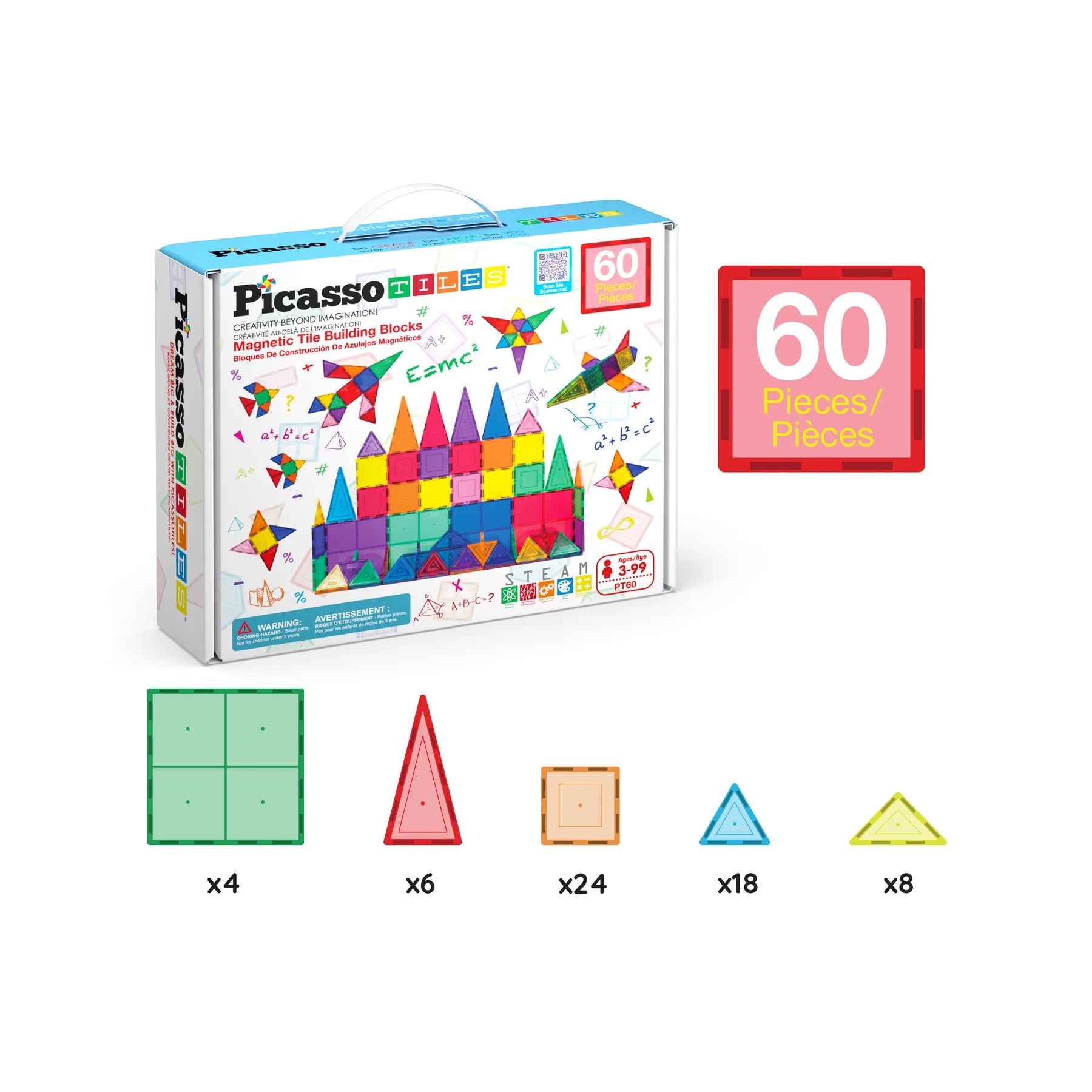 PicassoTiles 60 Piece Magnetic Tile Set