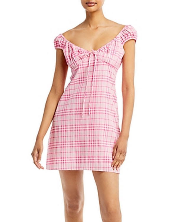 Wayf Plaid Off-the-Shoulder Mini Dress