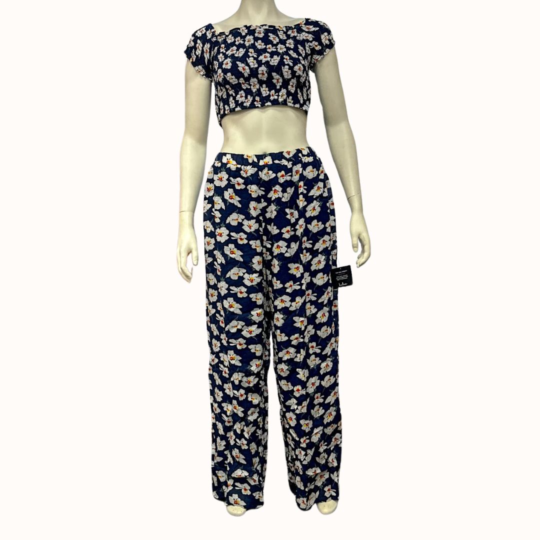 Lulus Flirty Flowers Navy Floral Print Smocked Two-Piece Jumpsuit, Size Large