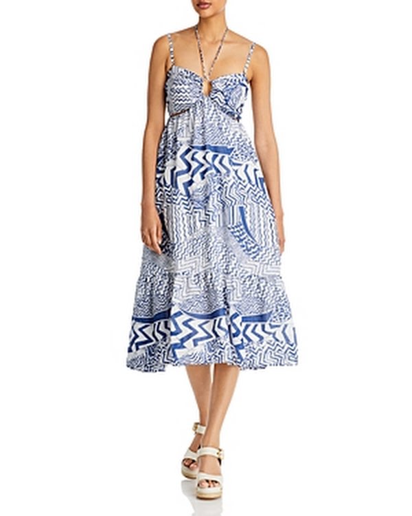 Aqua Printed Cutout Halter MIDI Dress, Size XS