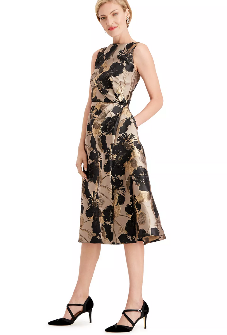 Adrianna Papell Petite Floral-Print Metallic Dress, Size 2P