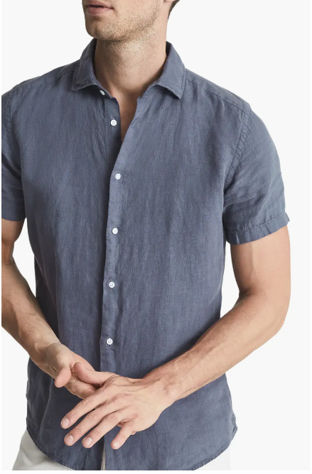 Reiss Holiday Short Sleeve Linen Button-up Shirt in Steel Blue