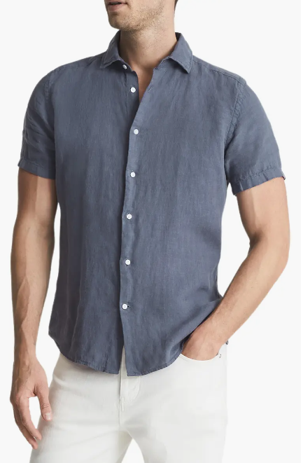 Reiss Holiday Short Sleeve Linen Button-up Shirt in Steel Blue