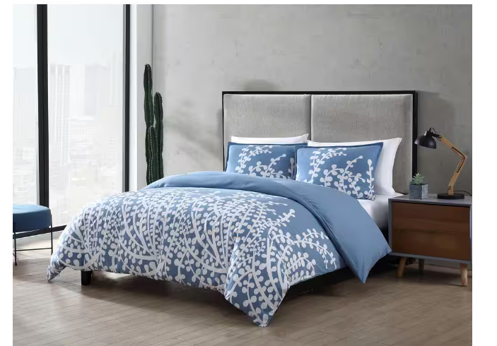 City Scene Branches 3-Piece Blue Floral Cotton Full/Queen Duvet Cover Set