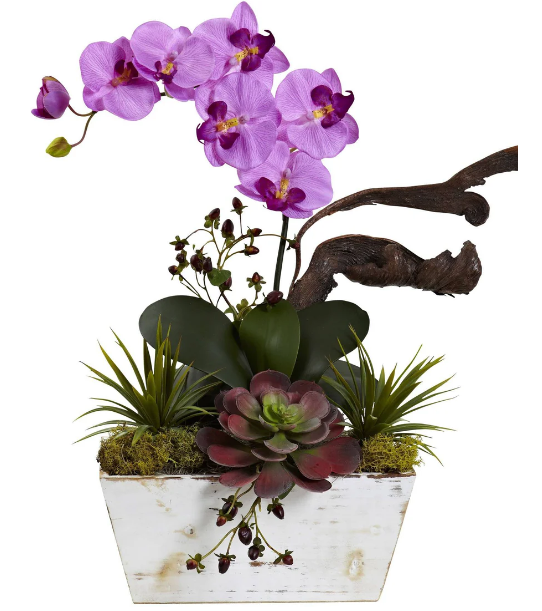 Nearly Natural 1458-Or Orchid & Succulent Garden With White Wash Planter