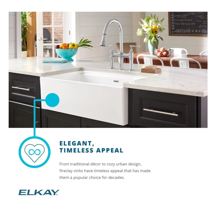 Elkay Fireclay 25 L x 19 W Farmhouse Kitchen Sink Fireclay in White, Size 9.12 H