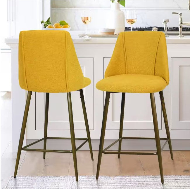 CHOLE Yellow Fabric 26 in. Full Back Metal Frame Counter Stool (Set of 2)