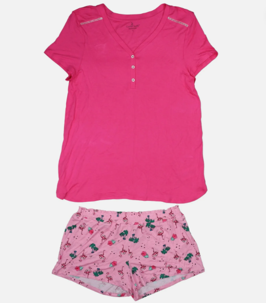 Cuddl Duds T-Shirt Top and Flamingo Print Shorts 2-Piece Pajama Set, Small