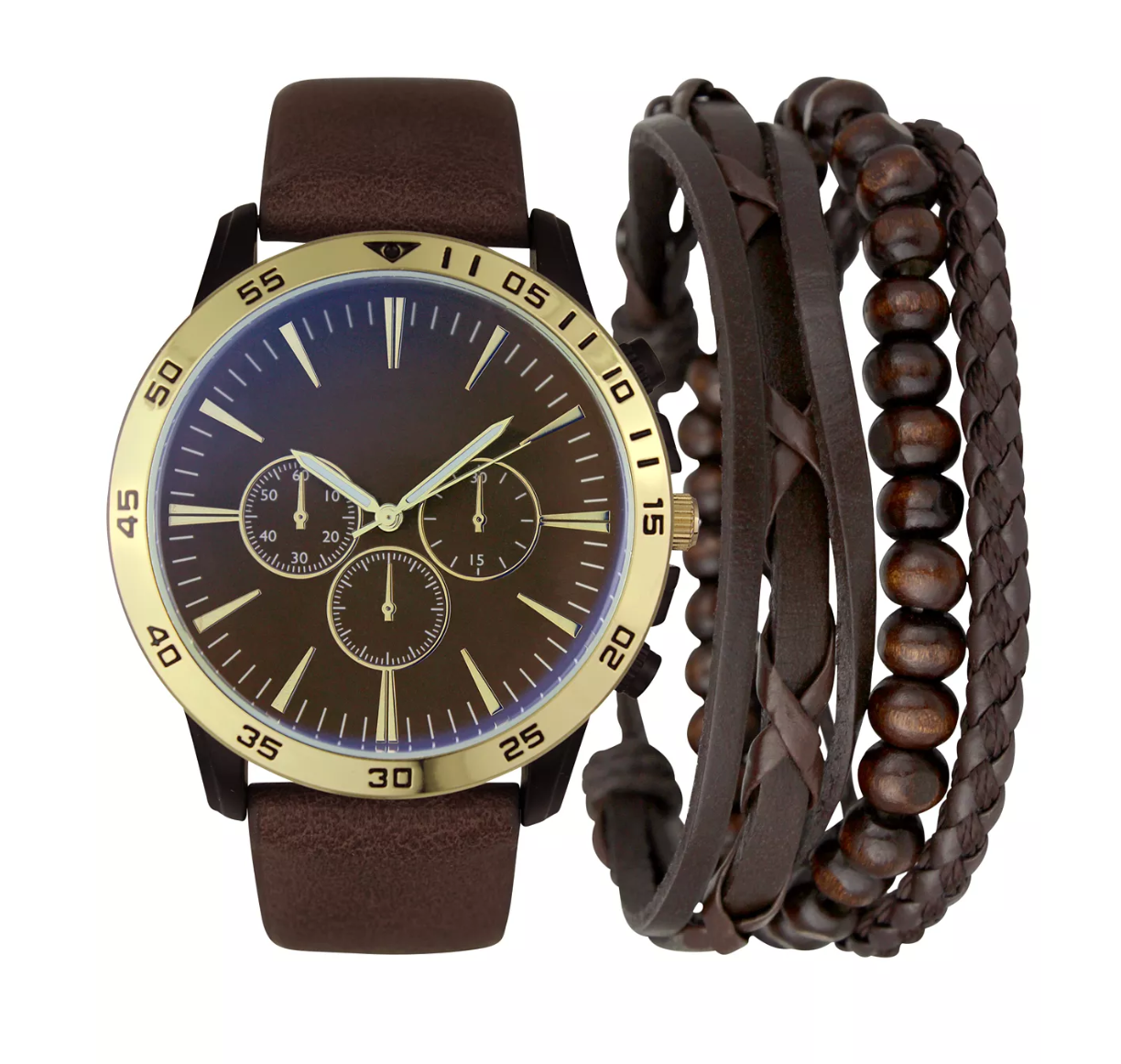 INC Brown Faux-Leather Strap Watch 48mm & 3-Pc. Bracelet Set, Created for Macy's