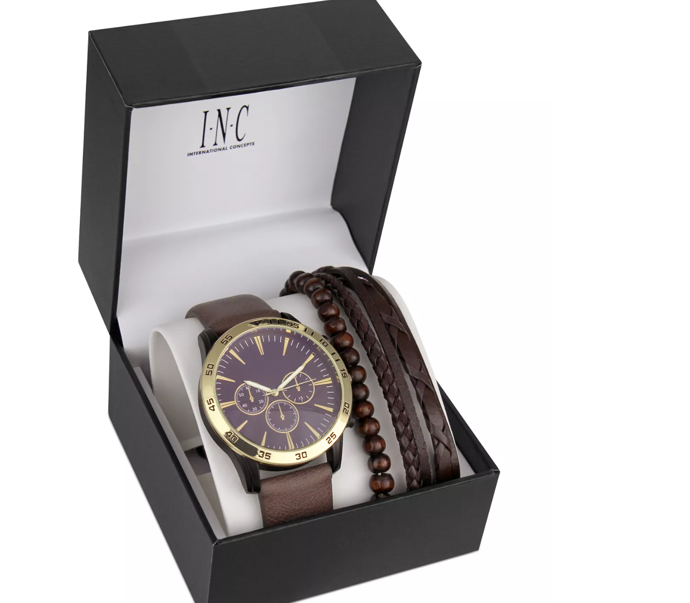 INC Brown Faux-Leather Strap Watch 48mm & 3-Pc. Bracelet Set, Created for Macy's