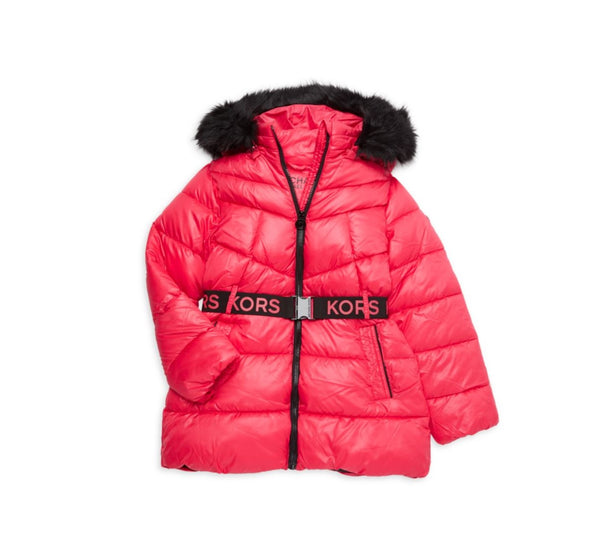 Michael Kors Girls Logo Belt Puffer Coat, Size 5-6