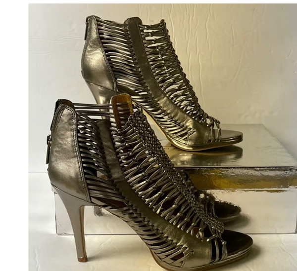 Kelsi Dagger Frayne Caged Leather Strappy Heels Silver Sz 8