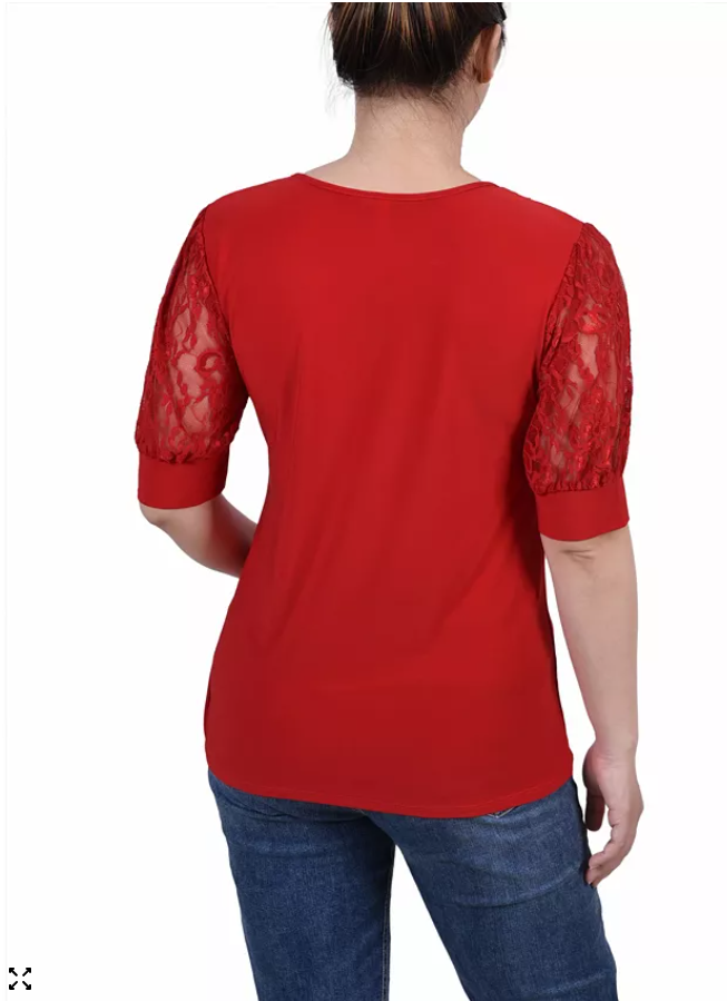 Ny Collection Womens Short Puff Sleeve Top with Lace Sleeves, Large