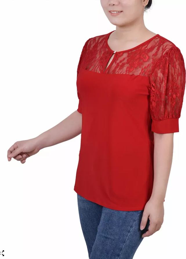 Ny Collection Womens Short Puff Sleeve Top with Lace Sleeves, Large