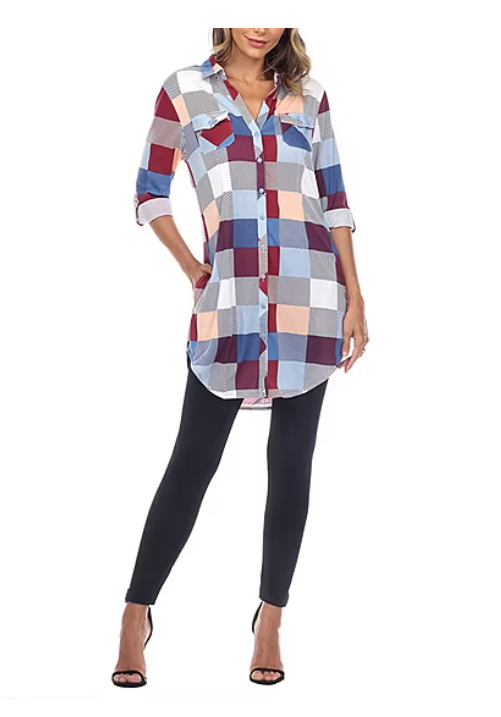 White Mark Womens Plaid Tunic Shirt, Blue, Medium