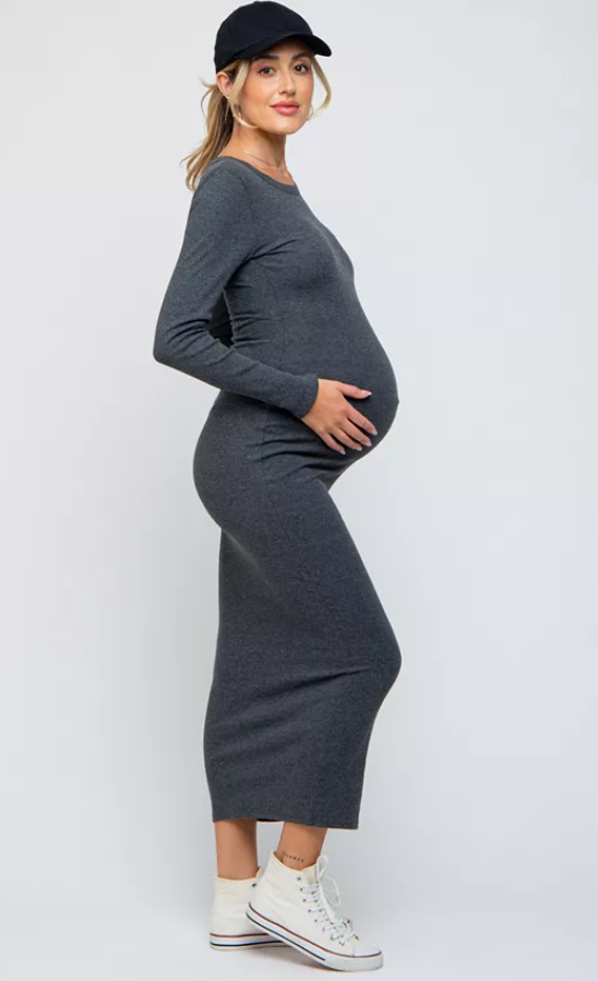 Pinkblush Maternity Black Ribbed Fitted Long Sleeve MIDI Dress - Black, Large